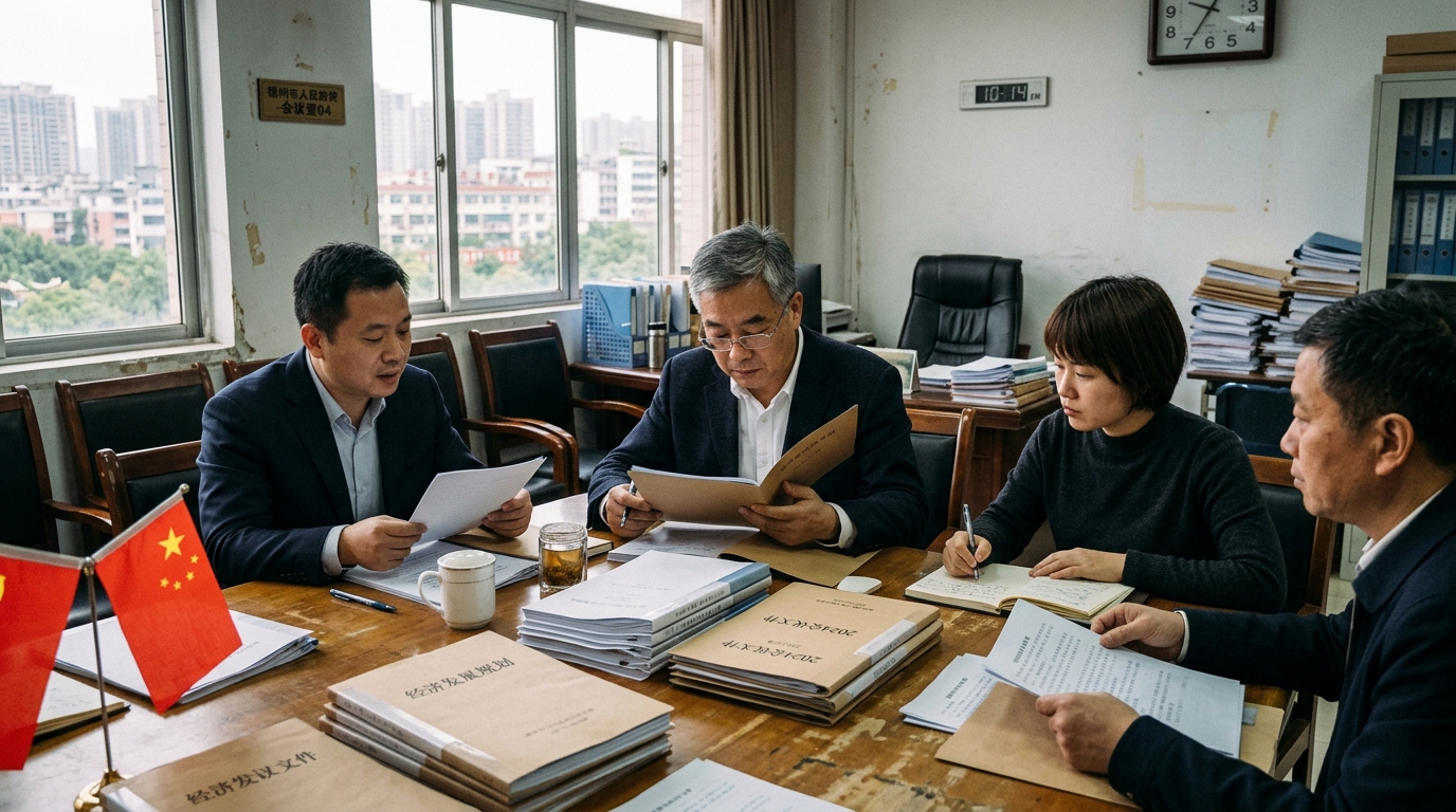 Réunion d'une cellule municipale examinant des dossiers