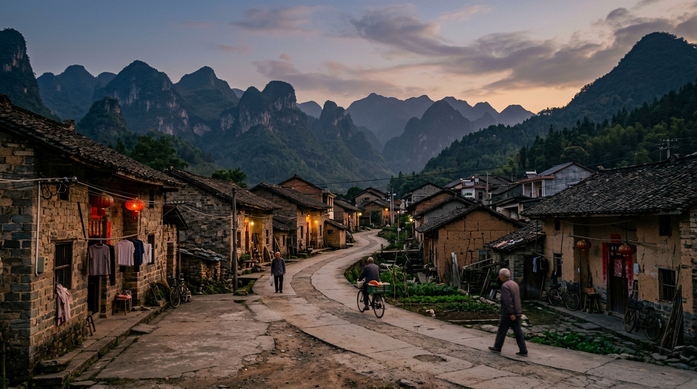 Route de village isolé en Chine au crépuscule
