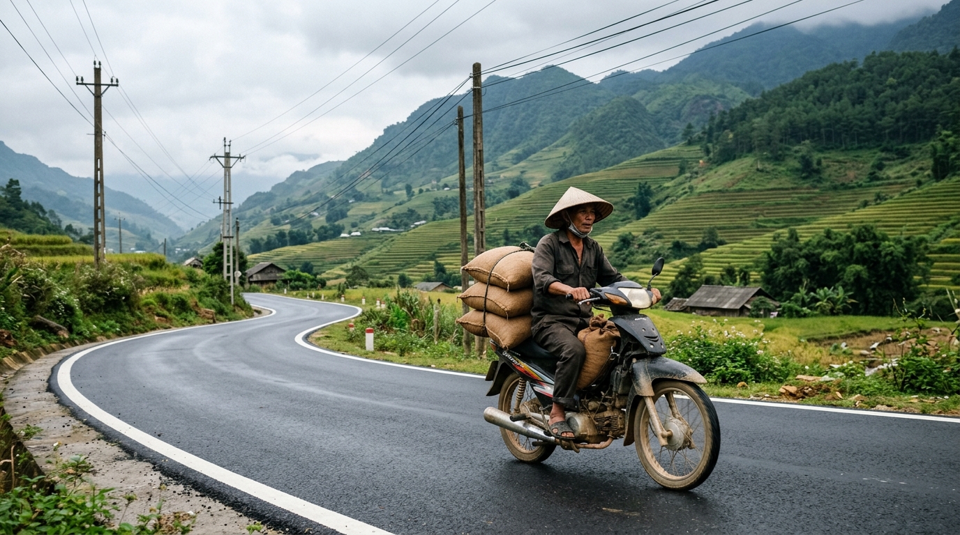 Route locale améliorée avec lignes électriques et moto