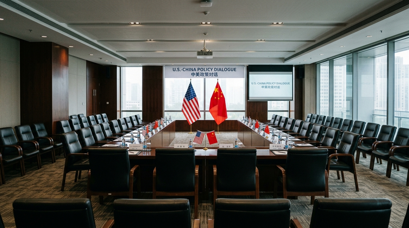 Salle de conférence avec drapeaux américain et chinois