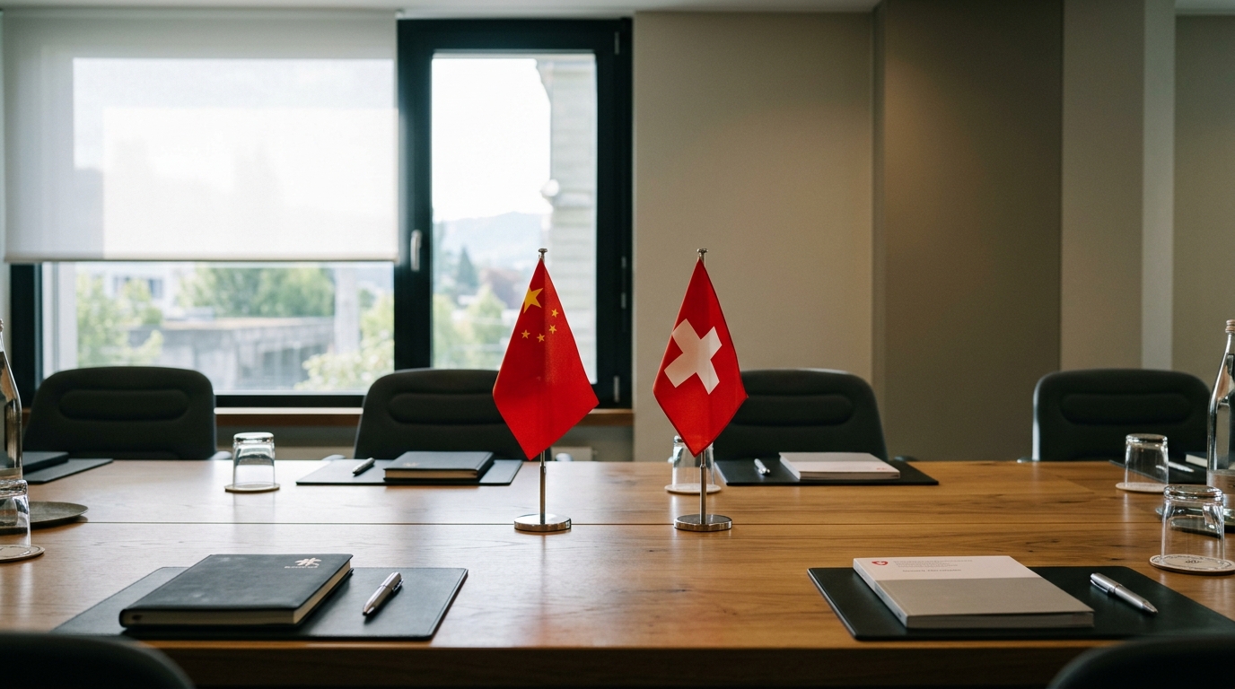 Salle de réunion avec drapeaux de table chinois et suisse