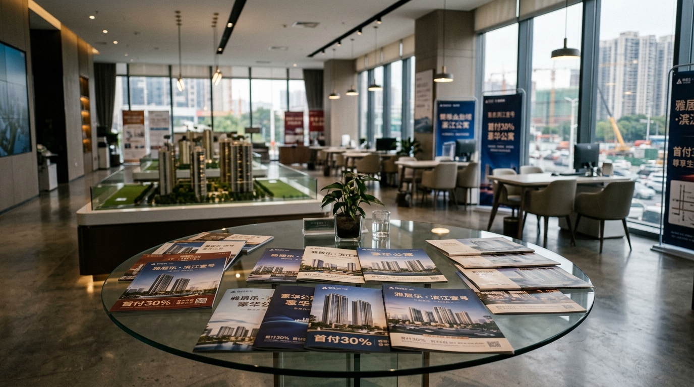 Salle de vente immobilière vide avec brochures