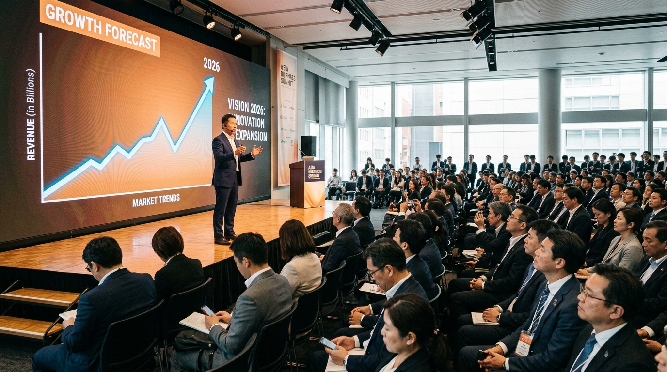 Scène de conférence avec graphiques et 2026 en fond