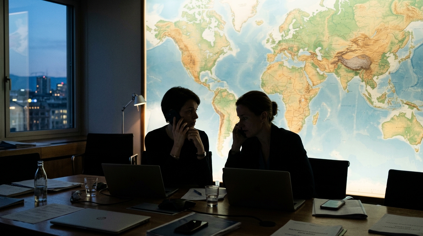 Silhouettes de deux diplomates au téléphone