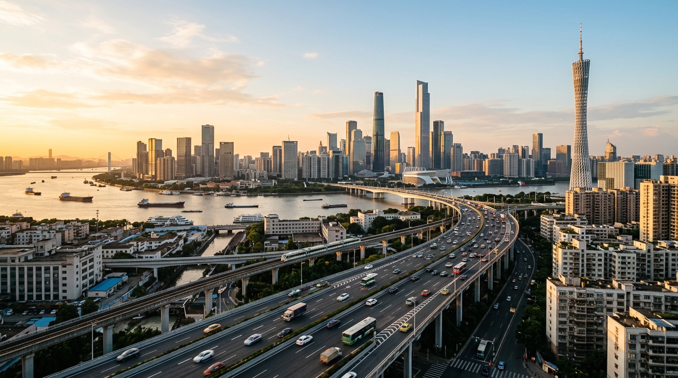 Skyline d'une grande ville chinoise au coucher du soleil