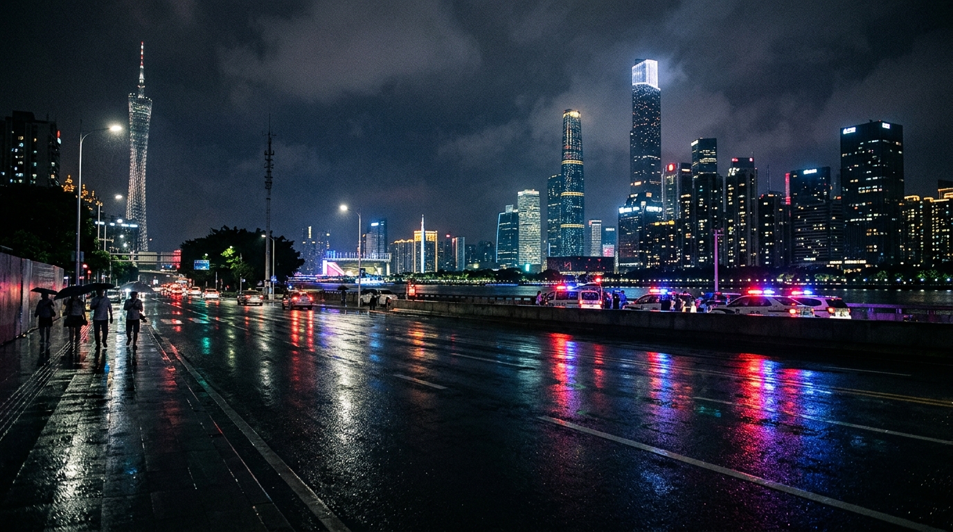 Skyline nocturne de Canton avec reflets de gyrophares