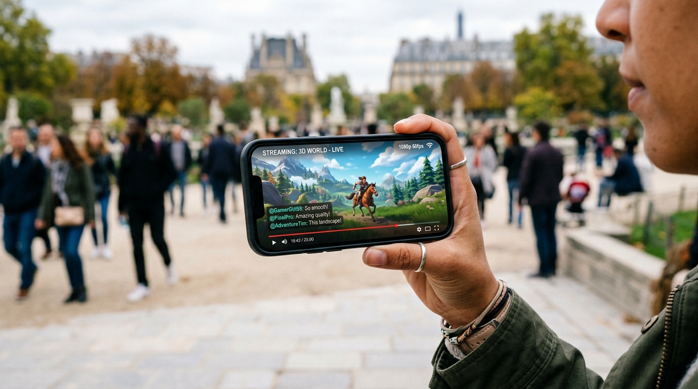 Smartphone affichant une scène 3D détaillée en streaming