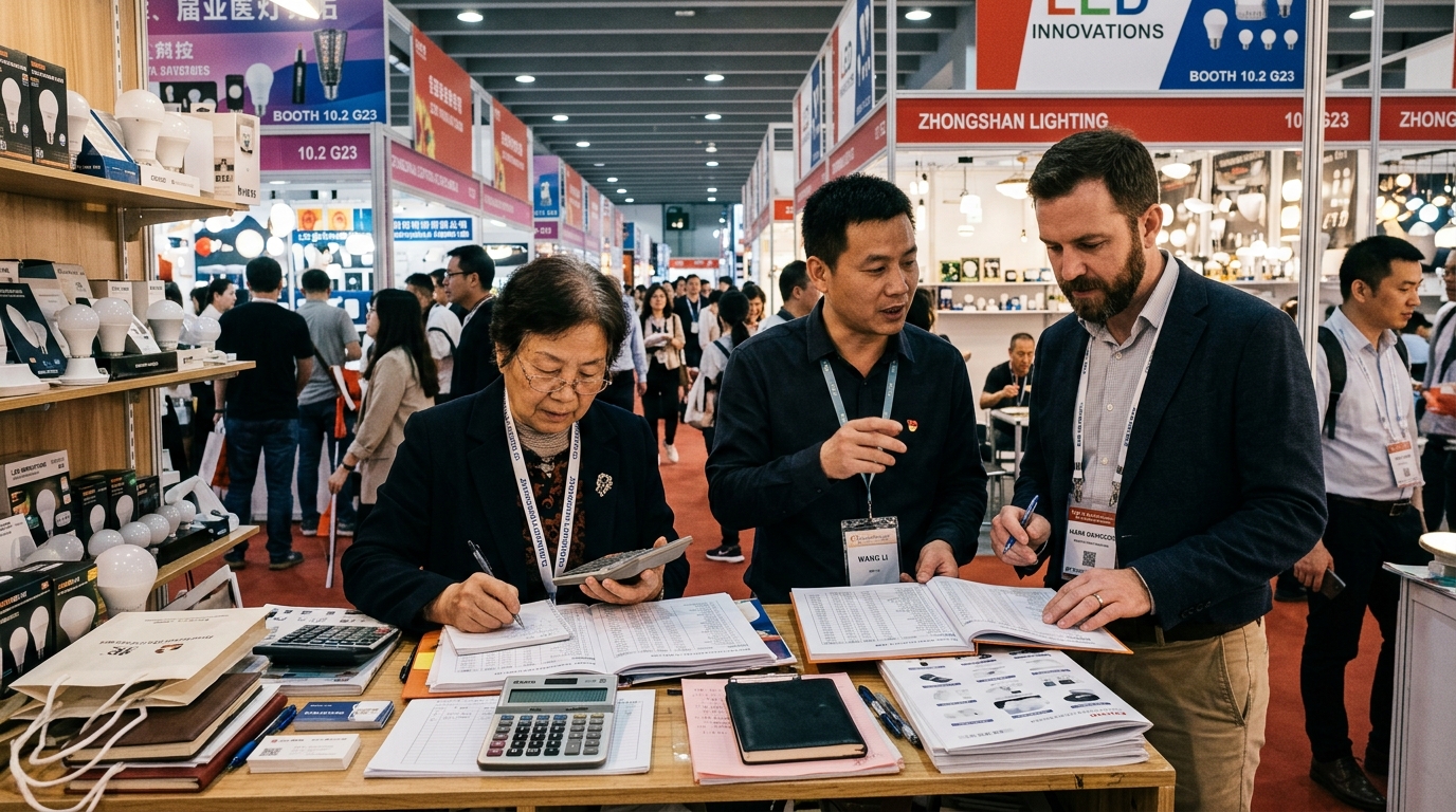 Stand de la Foire de Canton avec acheteurs et vendeurs