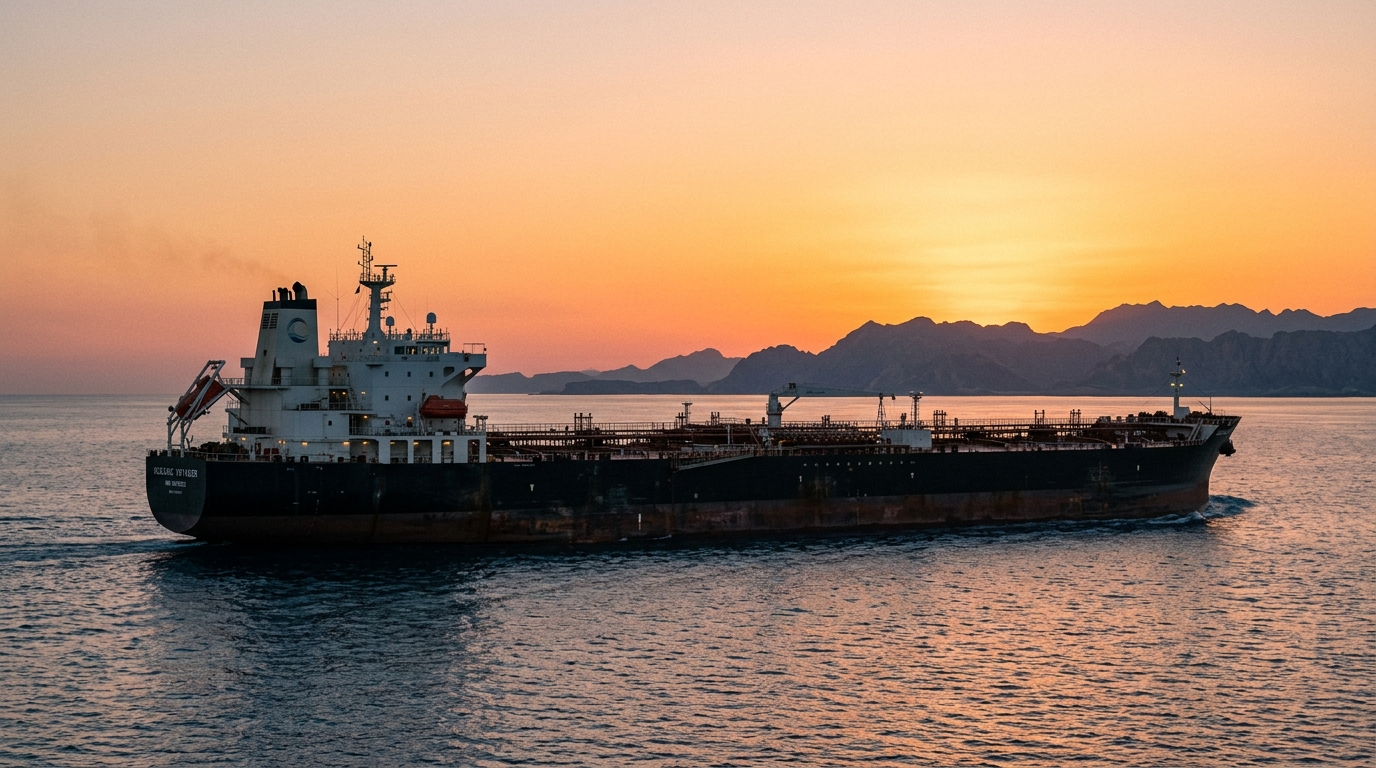 Superpétrolier au large du détroit d'Hormuz au crépuscule