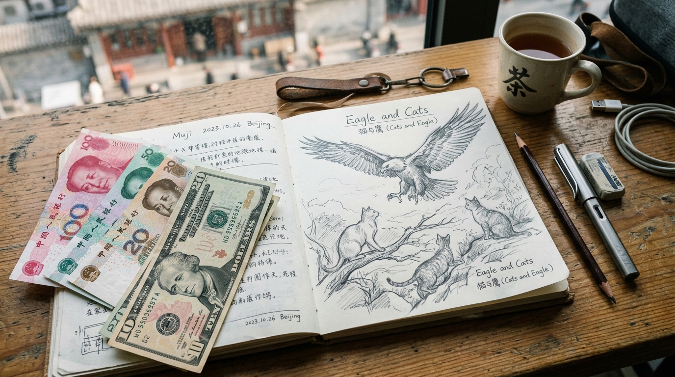 Symbole d’aigle et de chats avec yuans et dollars