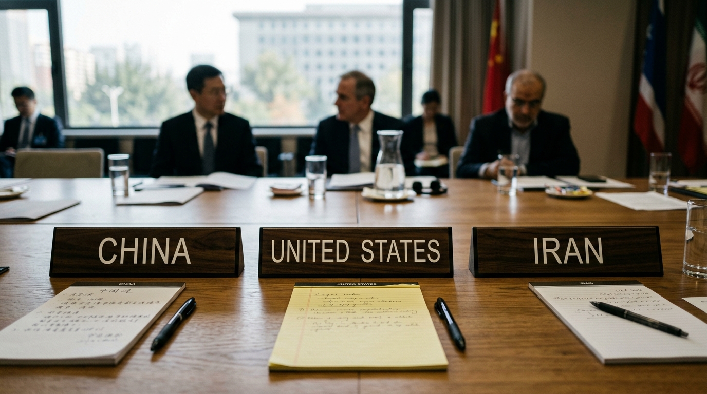 Table de réunion avec panneaux Chine, États-Unis et Iran