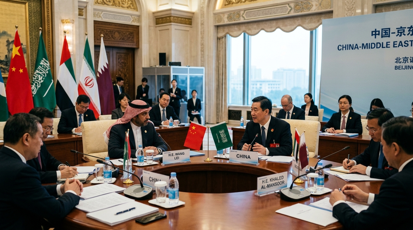 Table ronde diplomatique à Pékin avec drapeaux chinois et moyen-orientaux