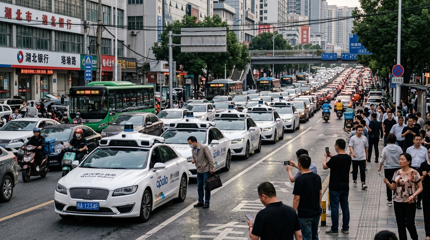Taxis autonomes à l'arrêt et trafic ralenti à Wuhan
