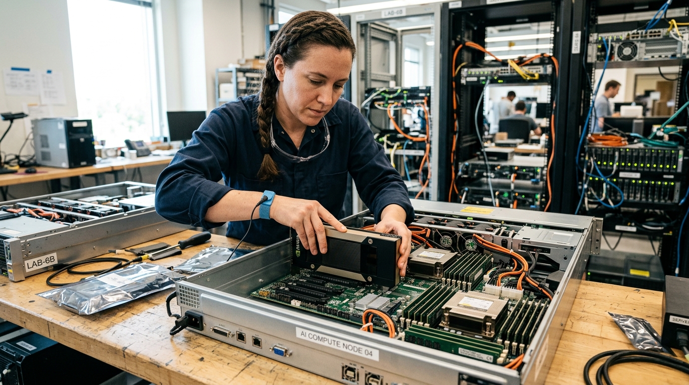 Technicien installant une carte accélératrice IA