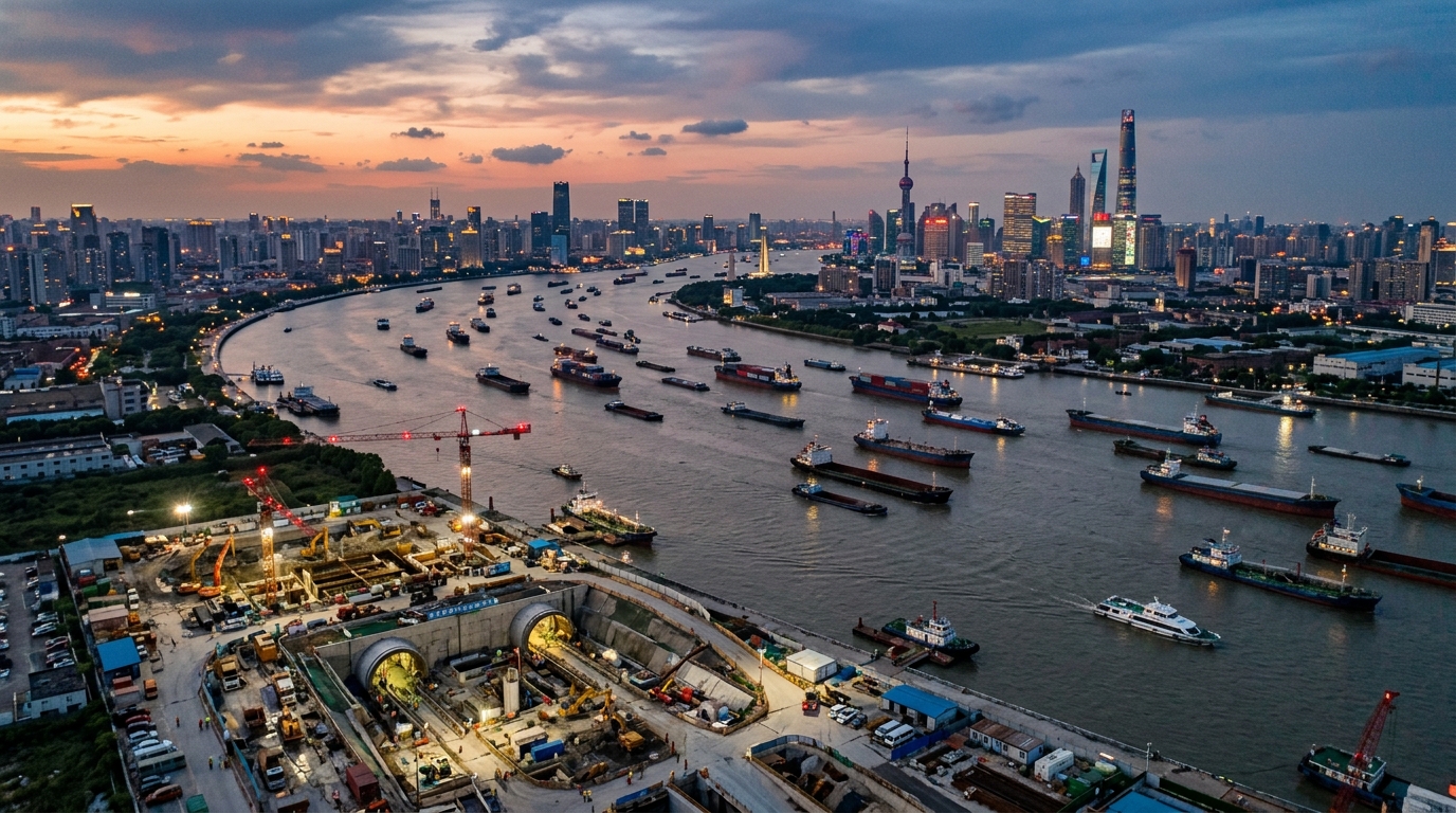 Trafic fluvial sur le Yangtsé près de Shanghai