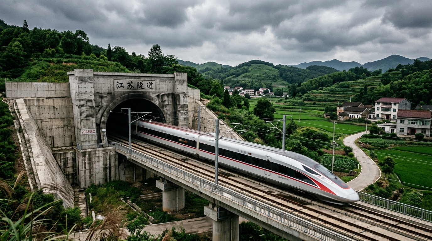 Train à grande vitesse sortant d'un tunnel