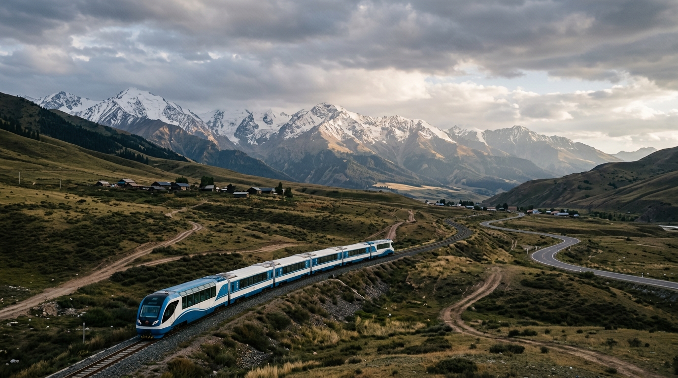 Train longeant les monts Tianshan