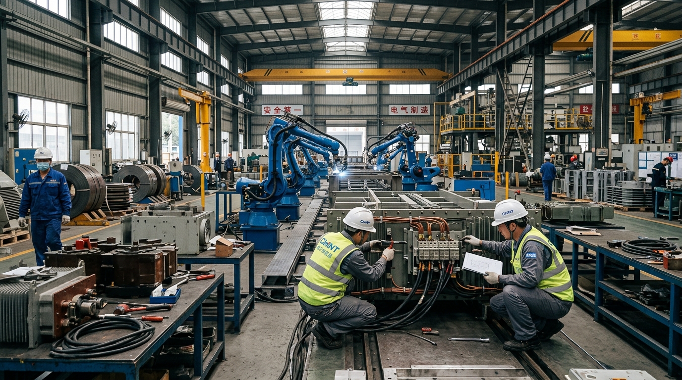 Usine d'équipements électriques avec robots et ingénieurs