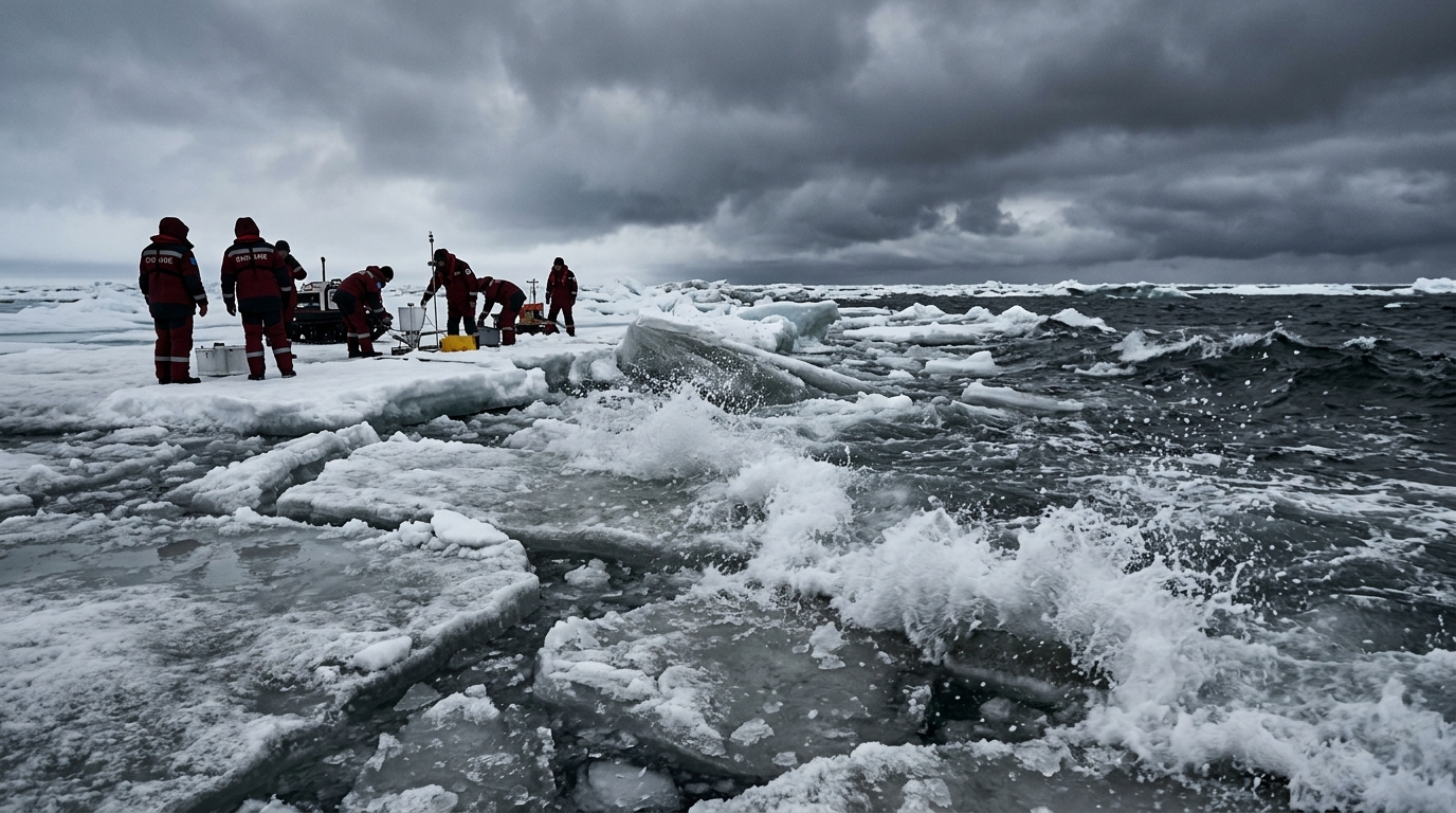 Vagues brisant la glace en Arctique lors d’une tempête