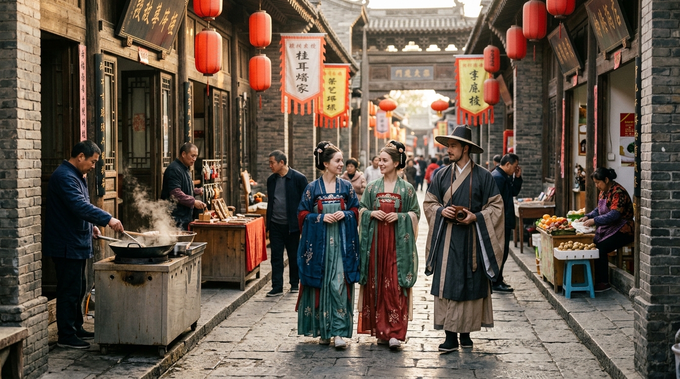 Visiteurs en Hanfu dans une ruelle historique de Xi'an