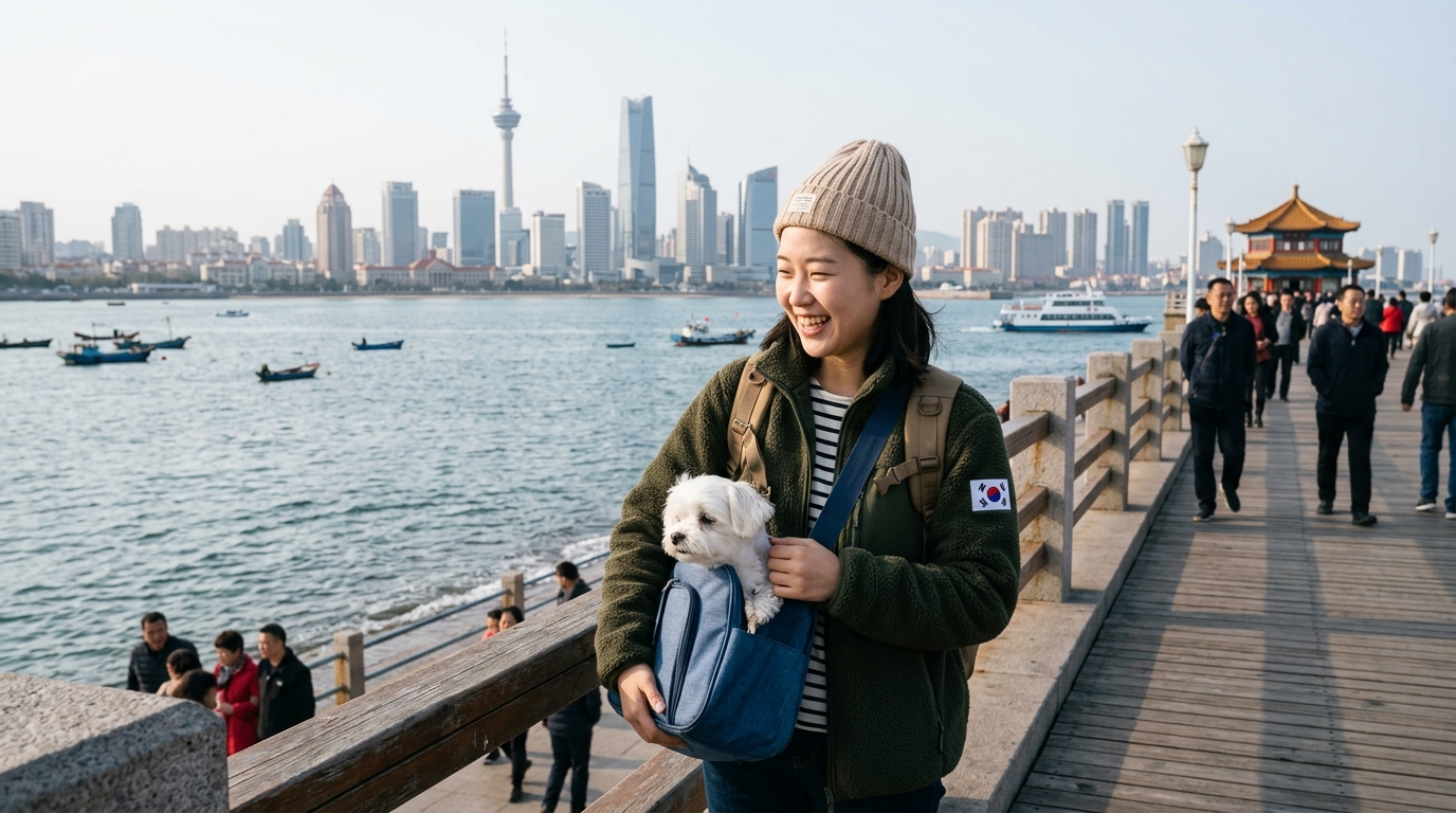 Voyageuse coréenne avec son chien sur un quai à Qingdao