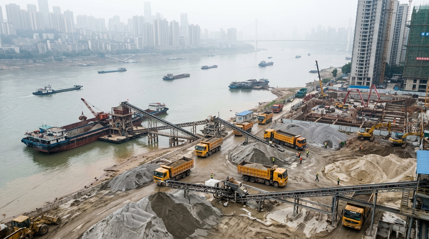 Vue aérienne d'un dépôt de sable près d'un chantier en Chine