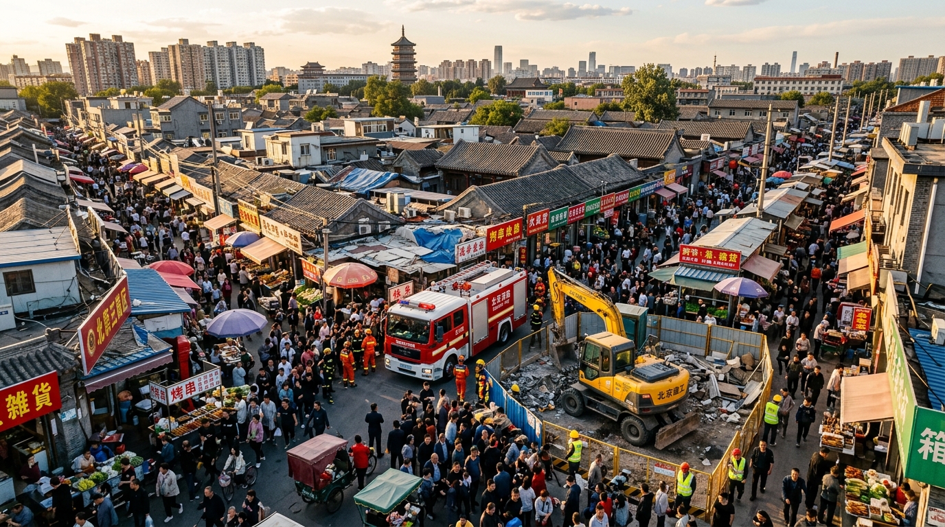 Vue aérienne d'un marché de Pékin avec secours et engin