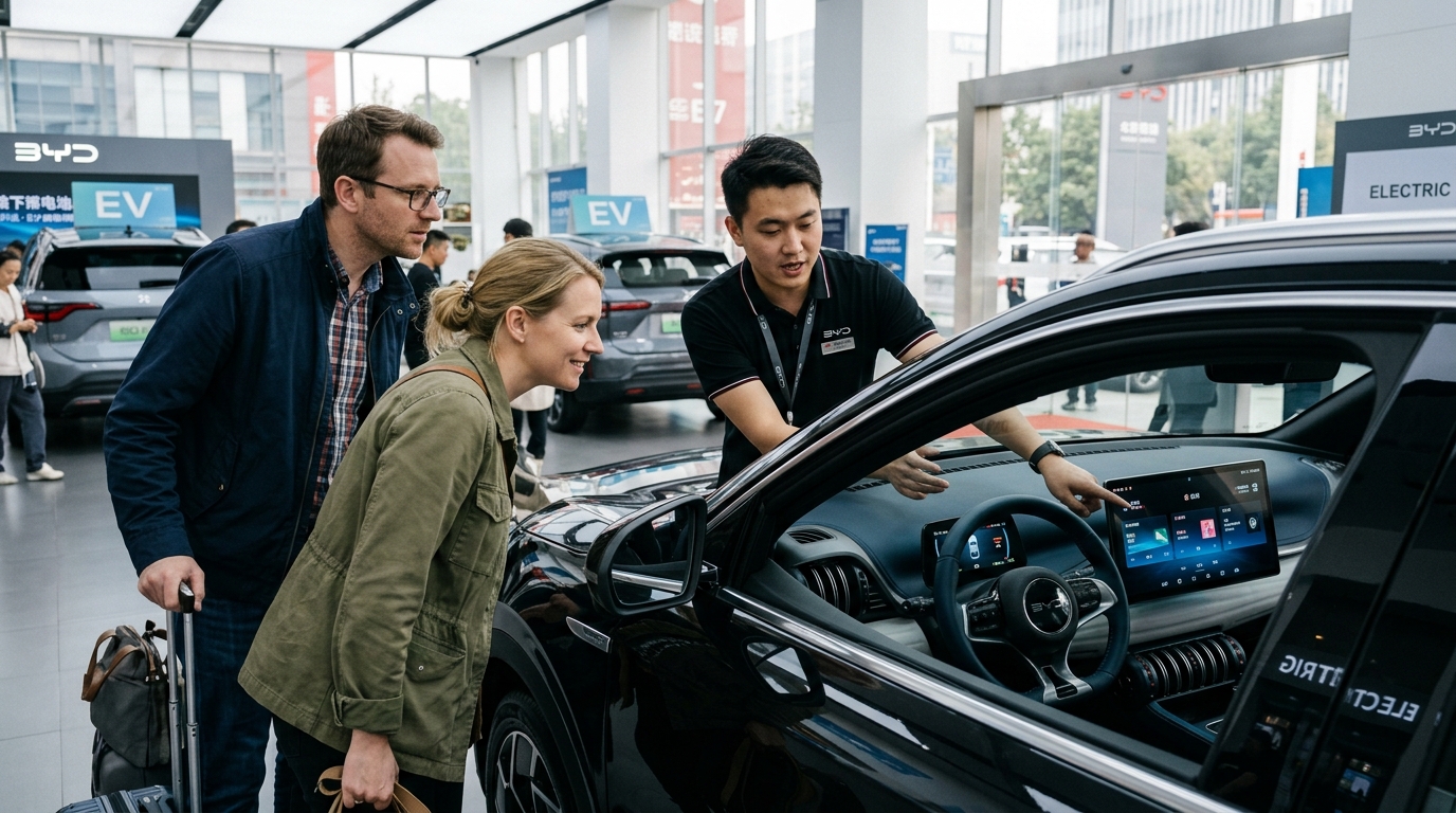 Acheteurs européens devant une voiture électrique chinoise