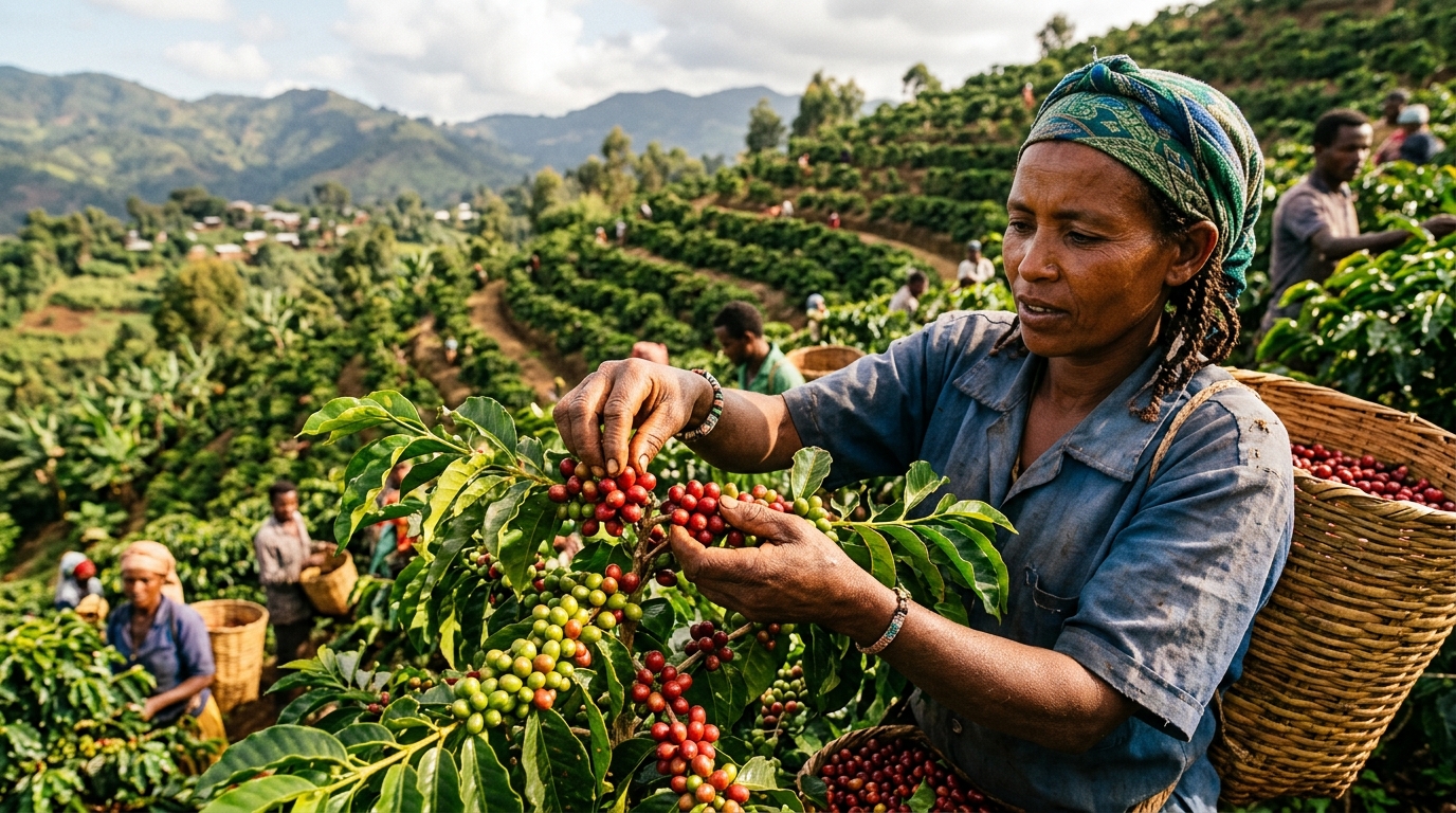 Agriculteurs africains récoltant des grains de café