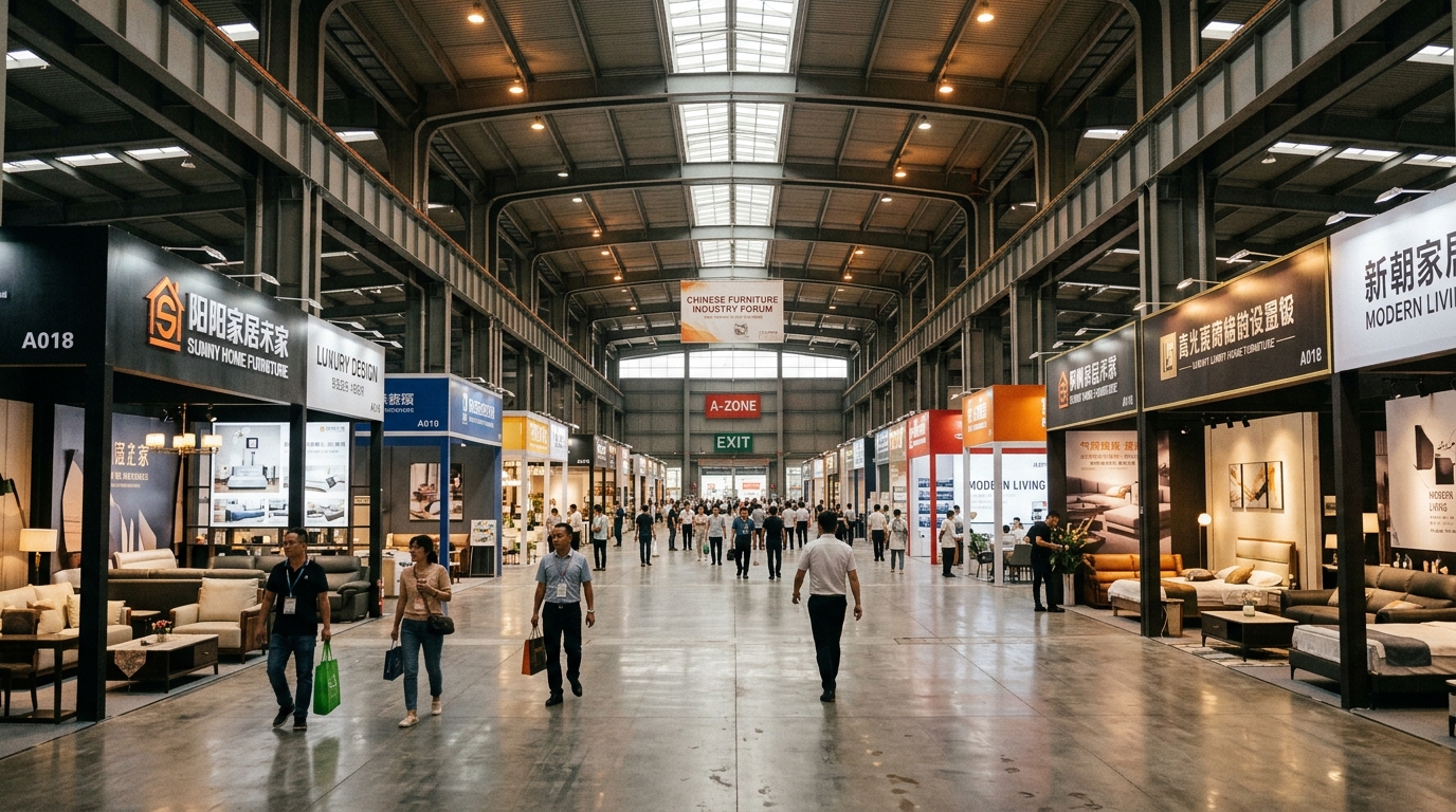 Allées du salon de l'Habitat de Canton avec peu de visiteurs