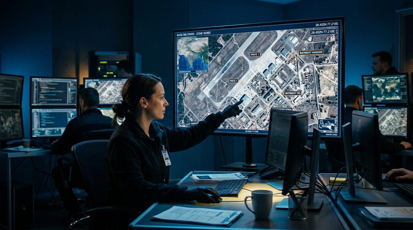 Analyste étudiant des images satellites de bases militaires sur écran