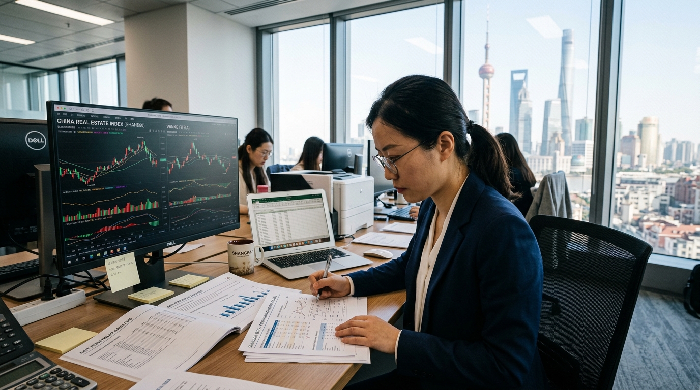 Analyste financier étudiant un dossier REIT à Shanghai