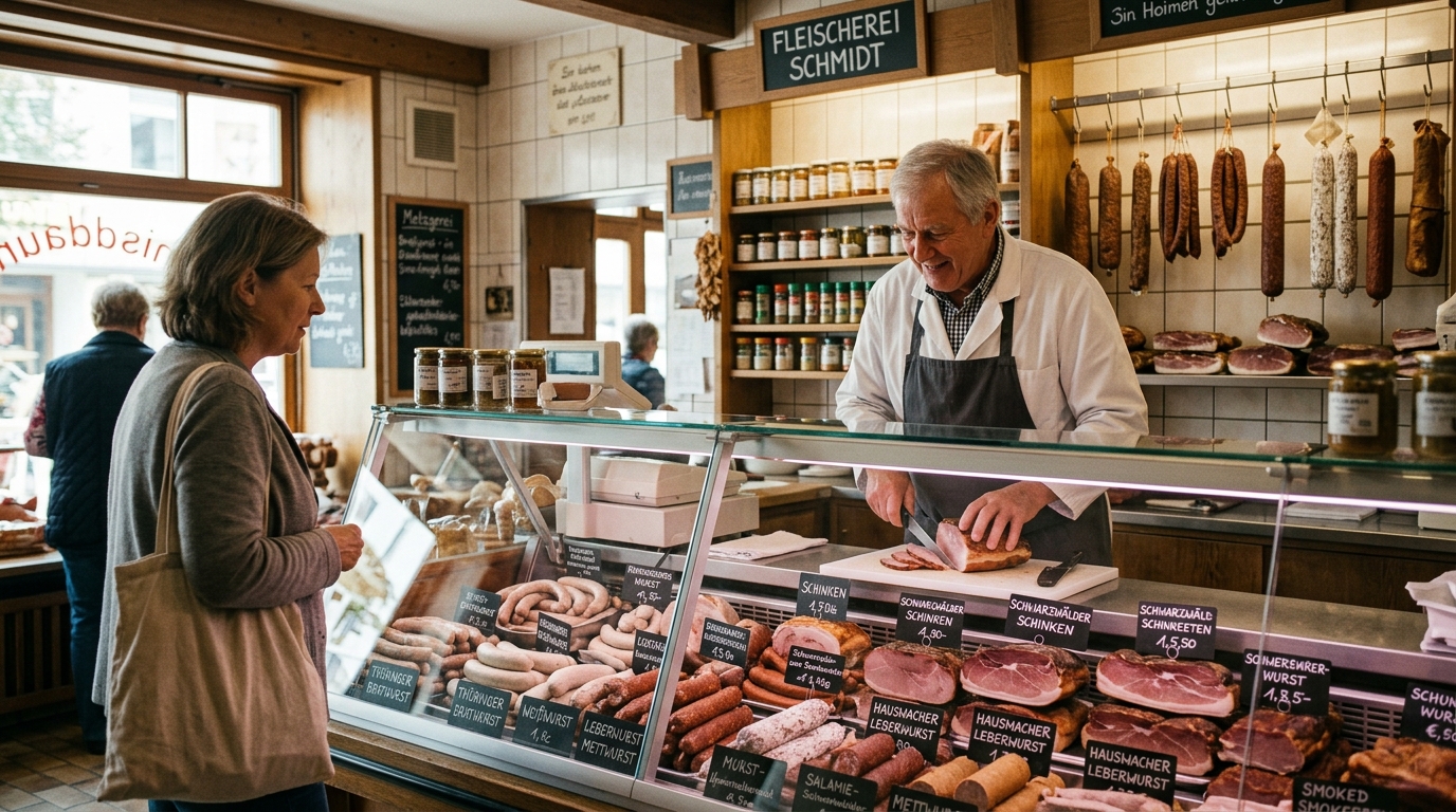 Boucherie artisanale allemande avec charcuterie en vitrine