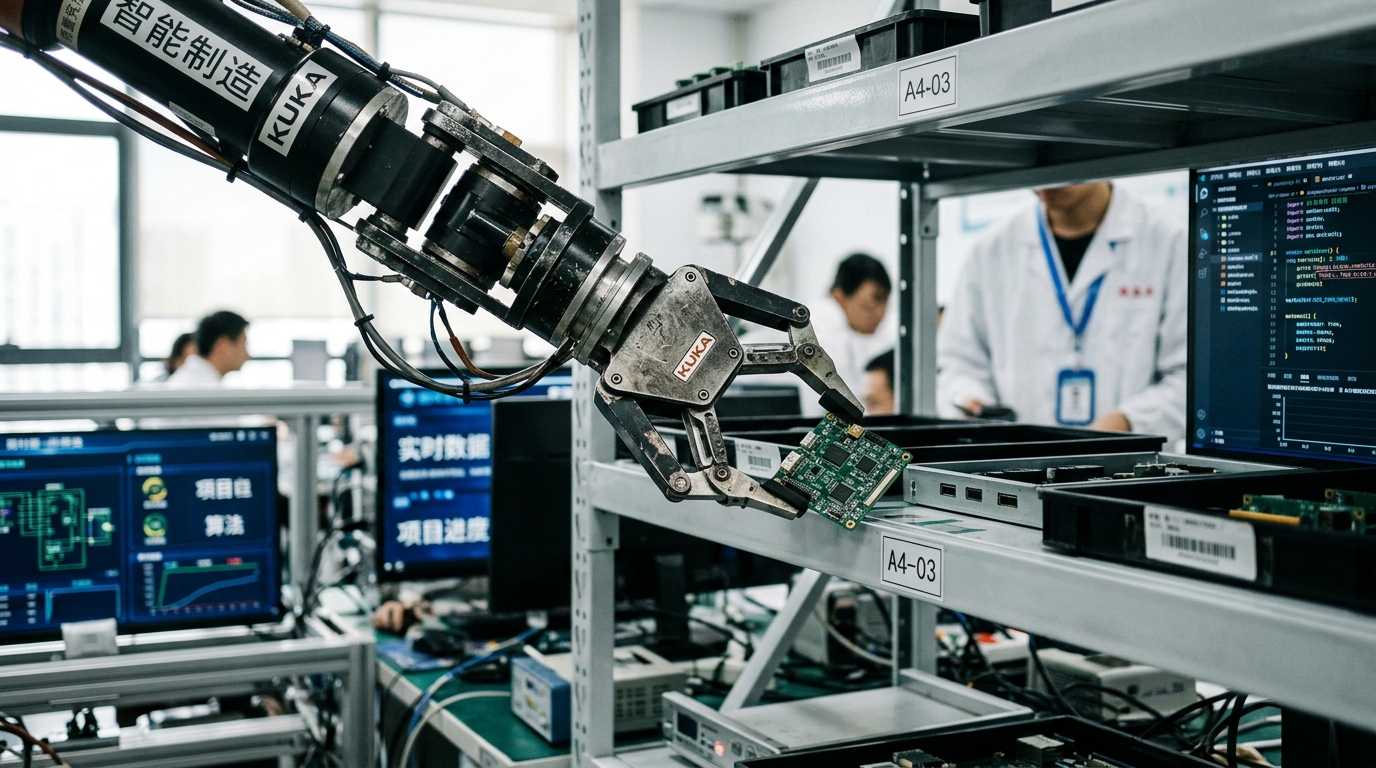 Bras robotique manipulant un objet dans un laboratoire technologique chinois