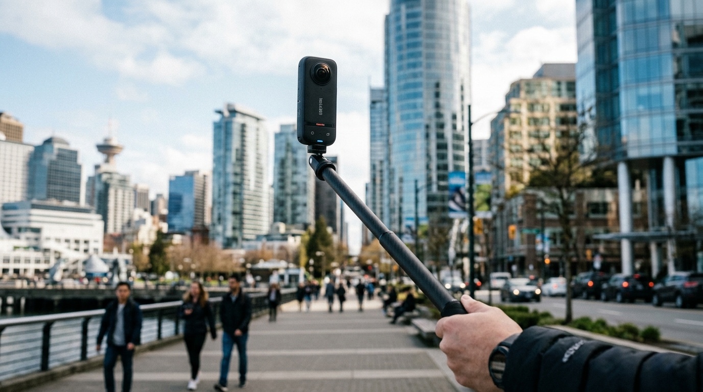 Caméra Insta360 360 degrés en milieu urbain