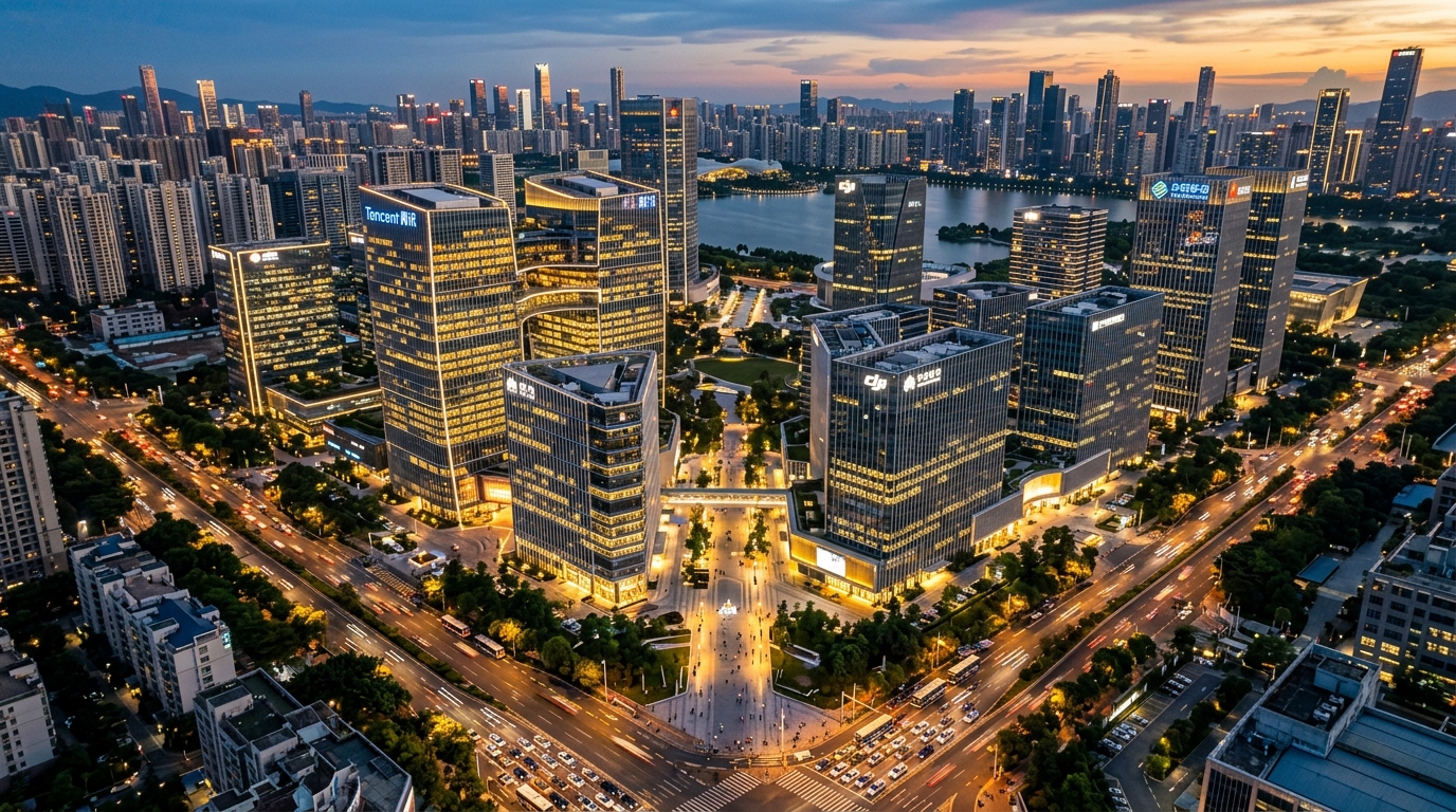 Campus technologique chinois à Shenzhen au crépuscule