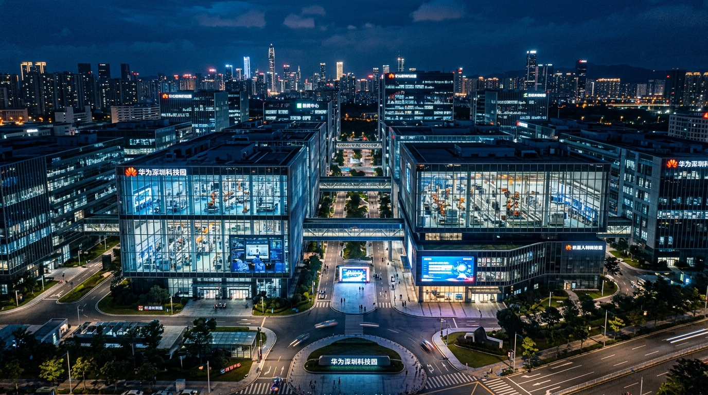 Campus technologique chinois la nuit avec lignes d'assemblage de robots