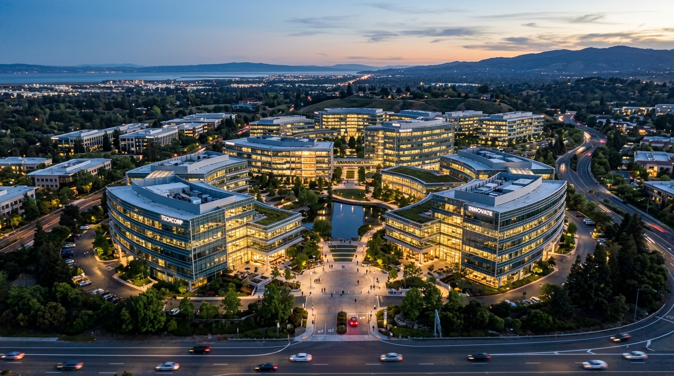 Campus technologique de la Silicon Valley au crépuscule