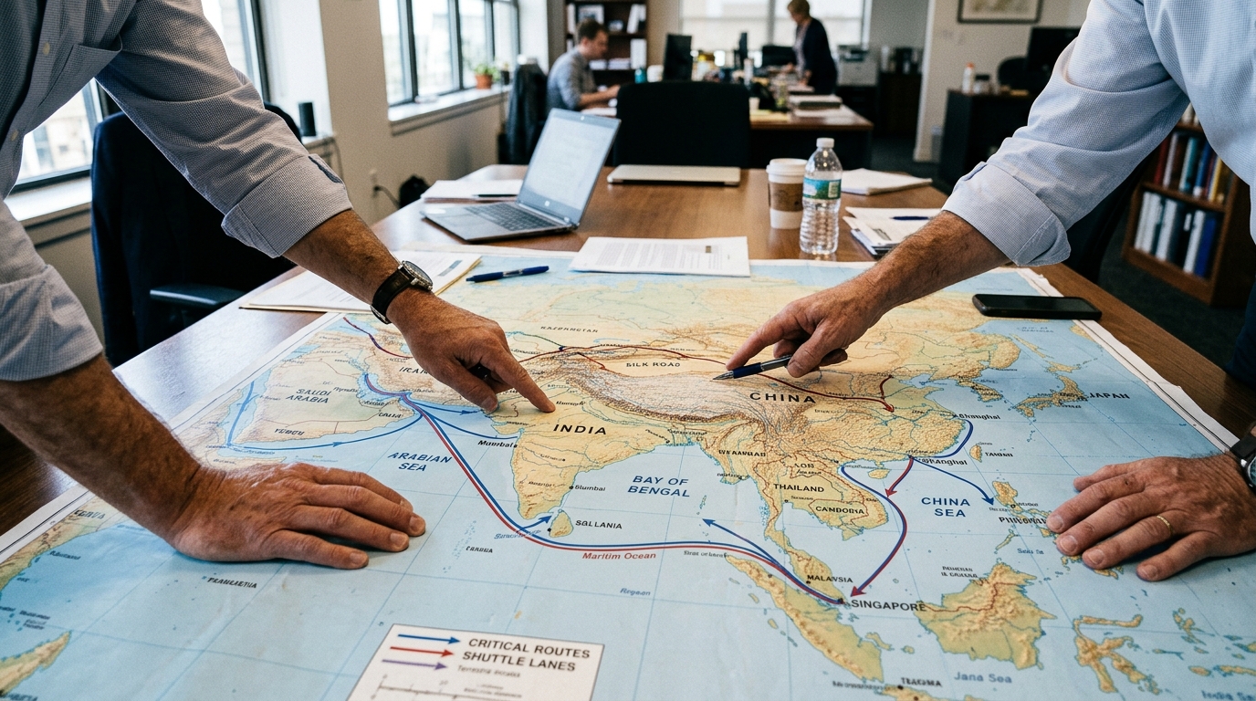 Carte montrant les routes maritimes entre Moyen-Orient et Asie
