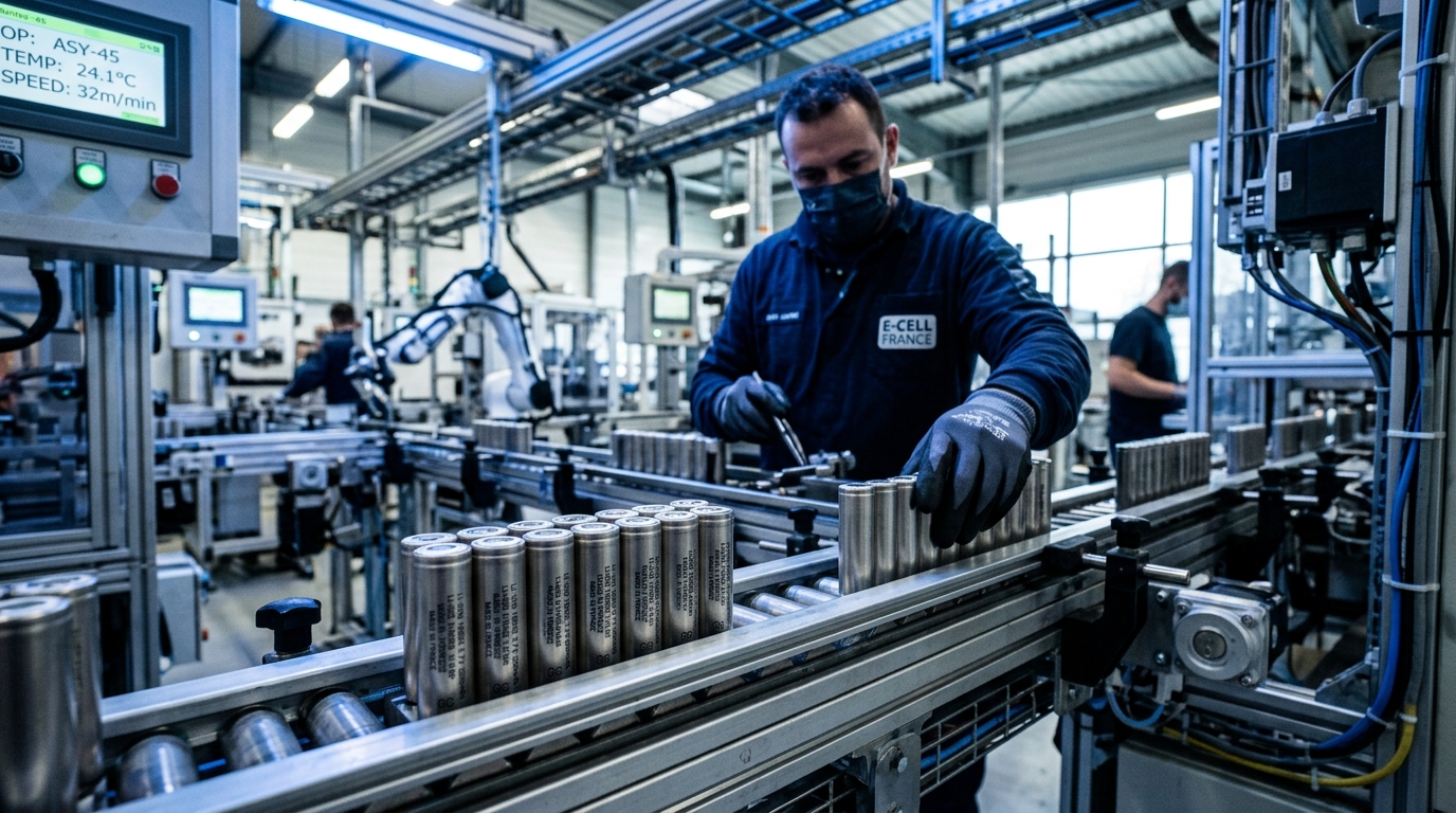 Cellules de batteries lithium-ion sur une ligne d'assemblage industrielle