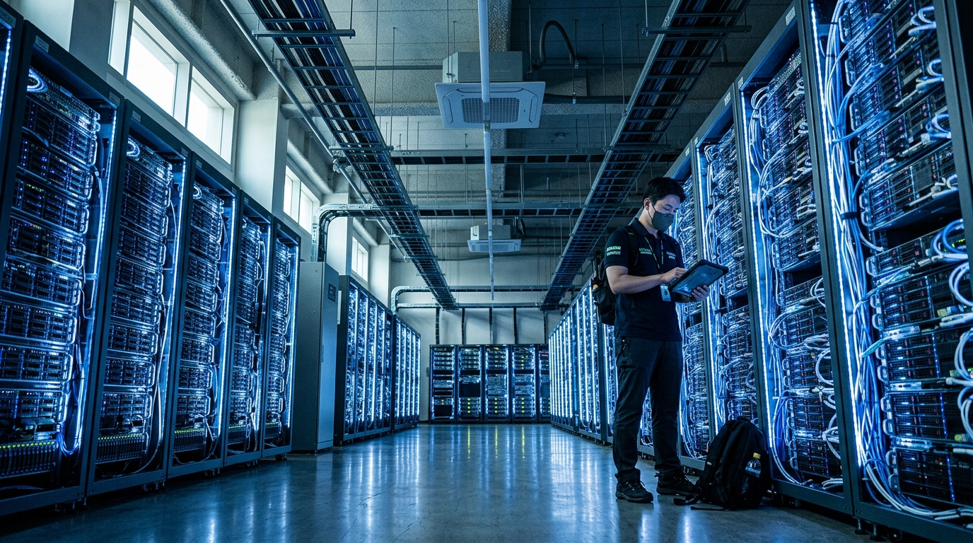 Centre de données IA avec des rangées de serveurs et puces mémoire Samsung