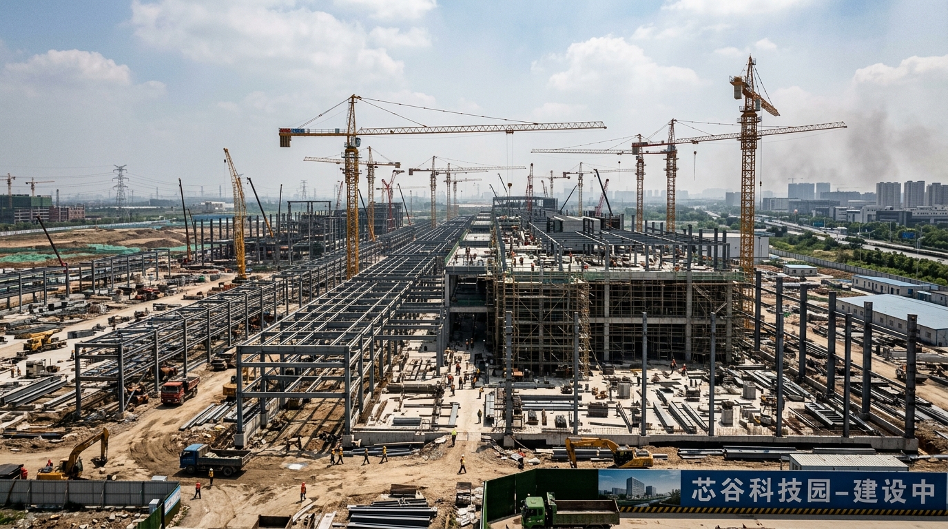 Chantier de construction d'une usine de semi-conducteurs en Chine