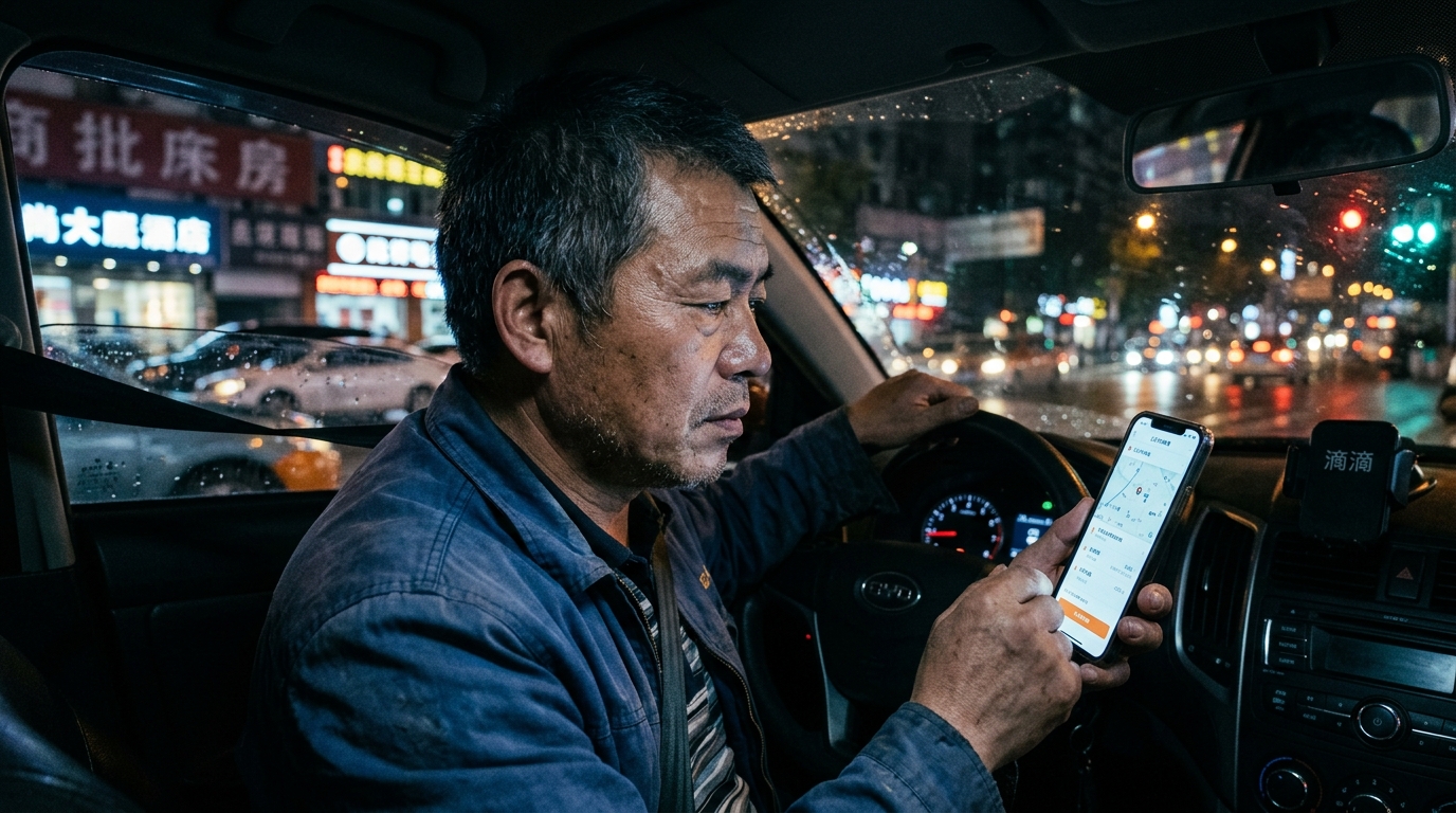 Chauffeur de VTC chinois consultant son application de transport à la demande