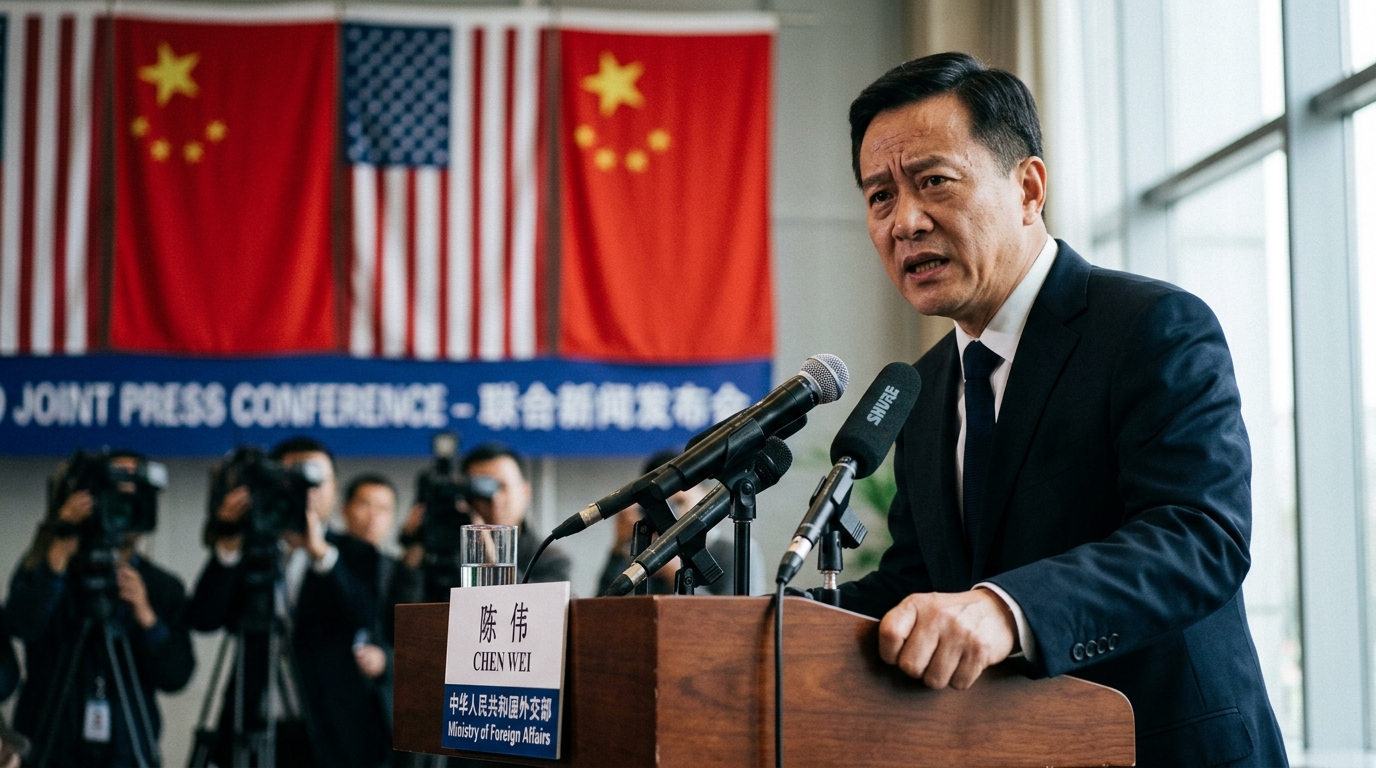 Conférence de presse avec drapeaux chinois et américain