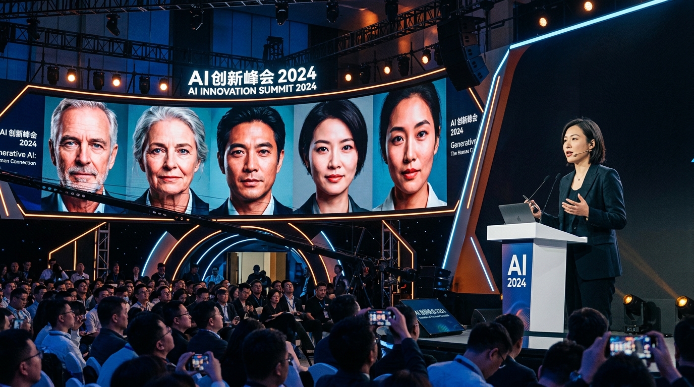 Conférence tech chinoise avec présentation d'avatars IA sur grand écran
