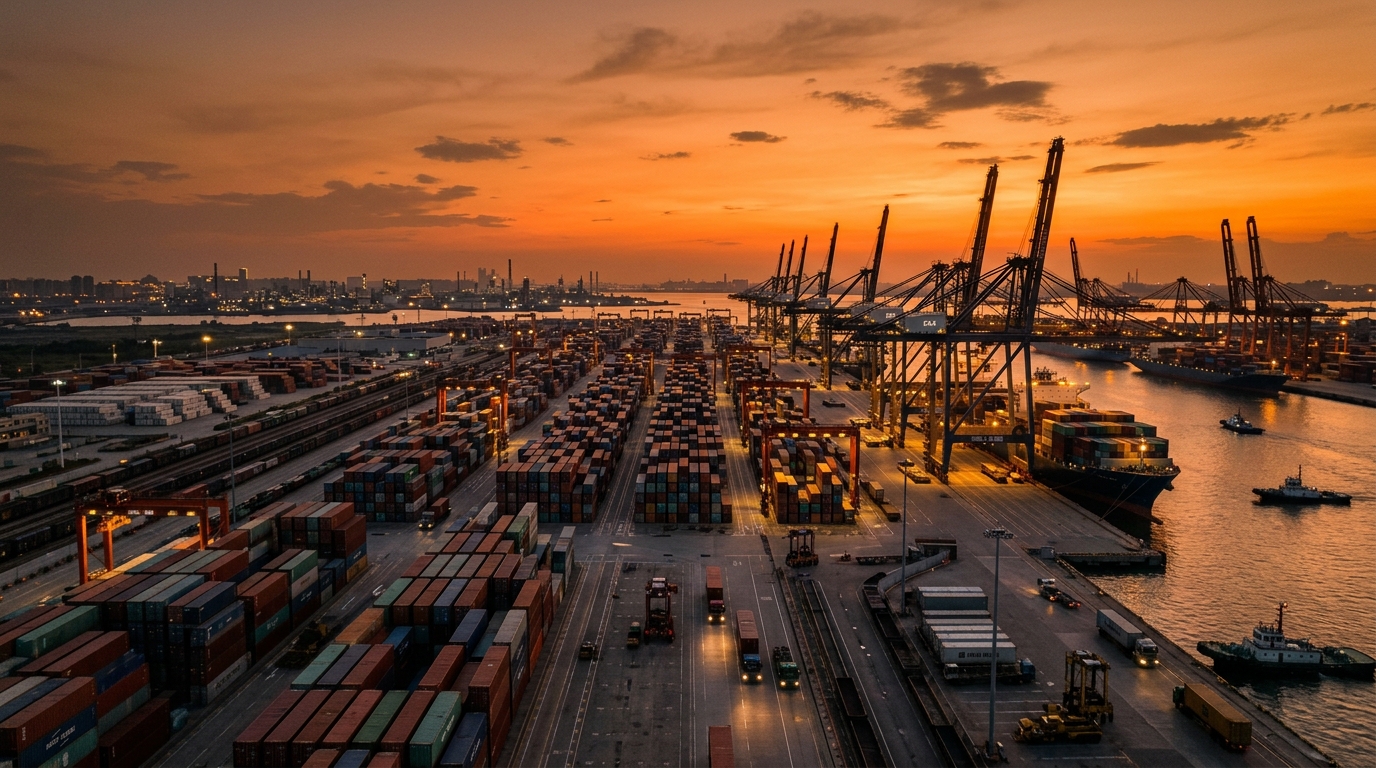 Conteneurs de fret empilés dans un grand port chinois au crépuscule