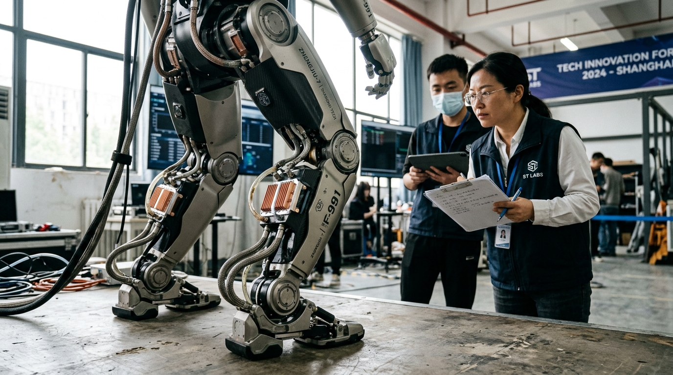 Détail des jambes et du refroidissement d’un robot humanoïde