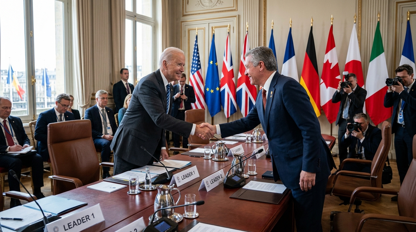 Deux dirigeants mondiaux se serrent la main lors d'un sommet diplomatique
