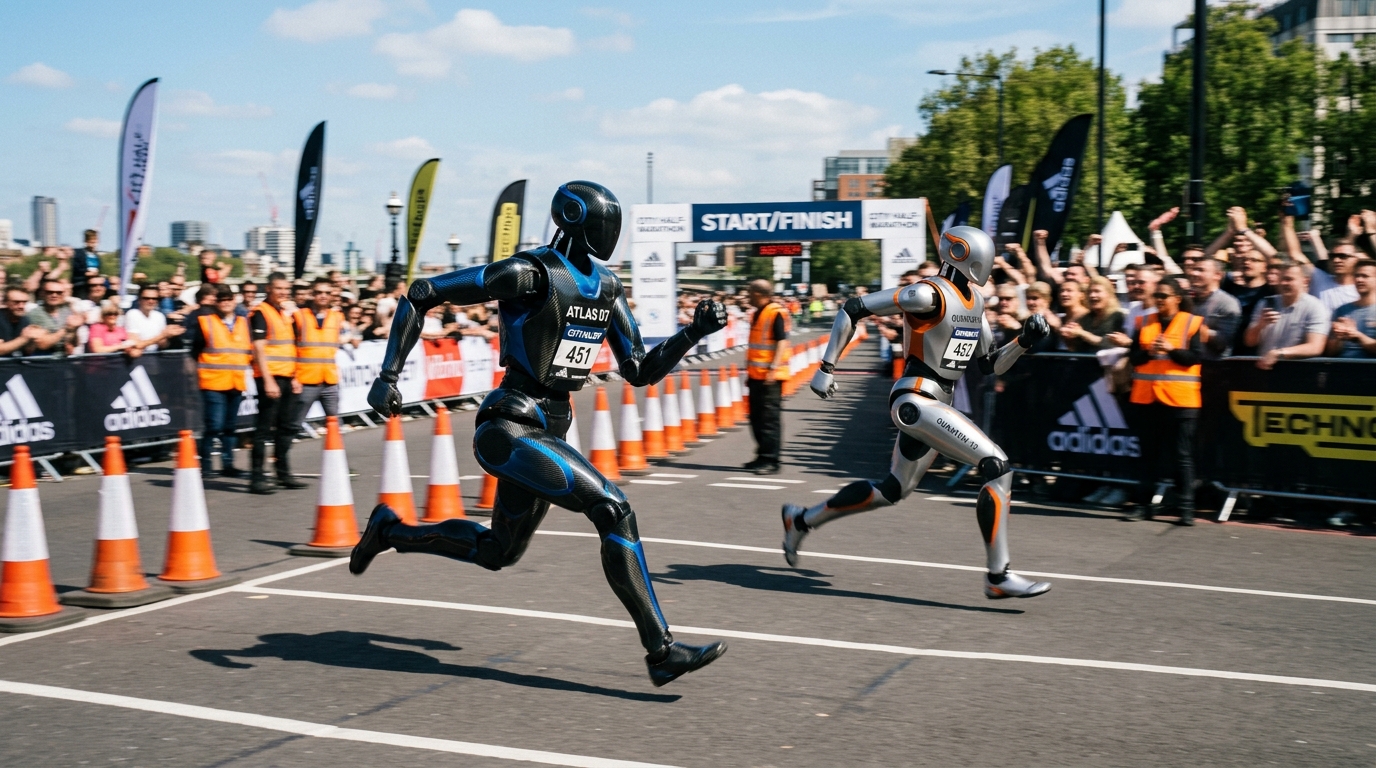 Deux robots humanoïdes courent sur des voies parallèles