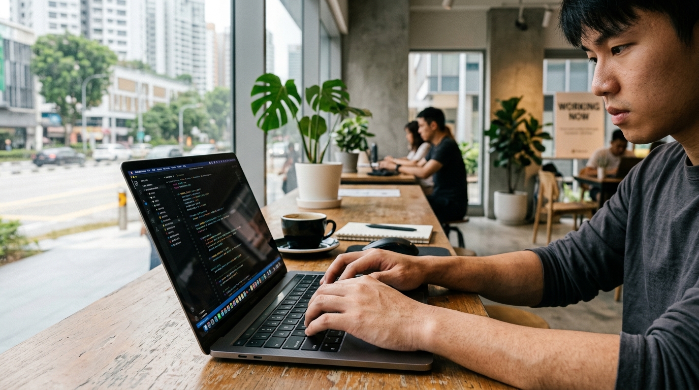 Développeur travaillant sur du code dans un espace de coworking à Singapour